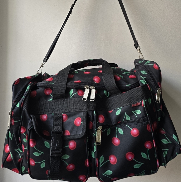 parisun Handbags - Cherry Burst Print Duffel Bag - Black and Red